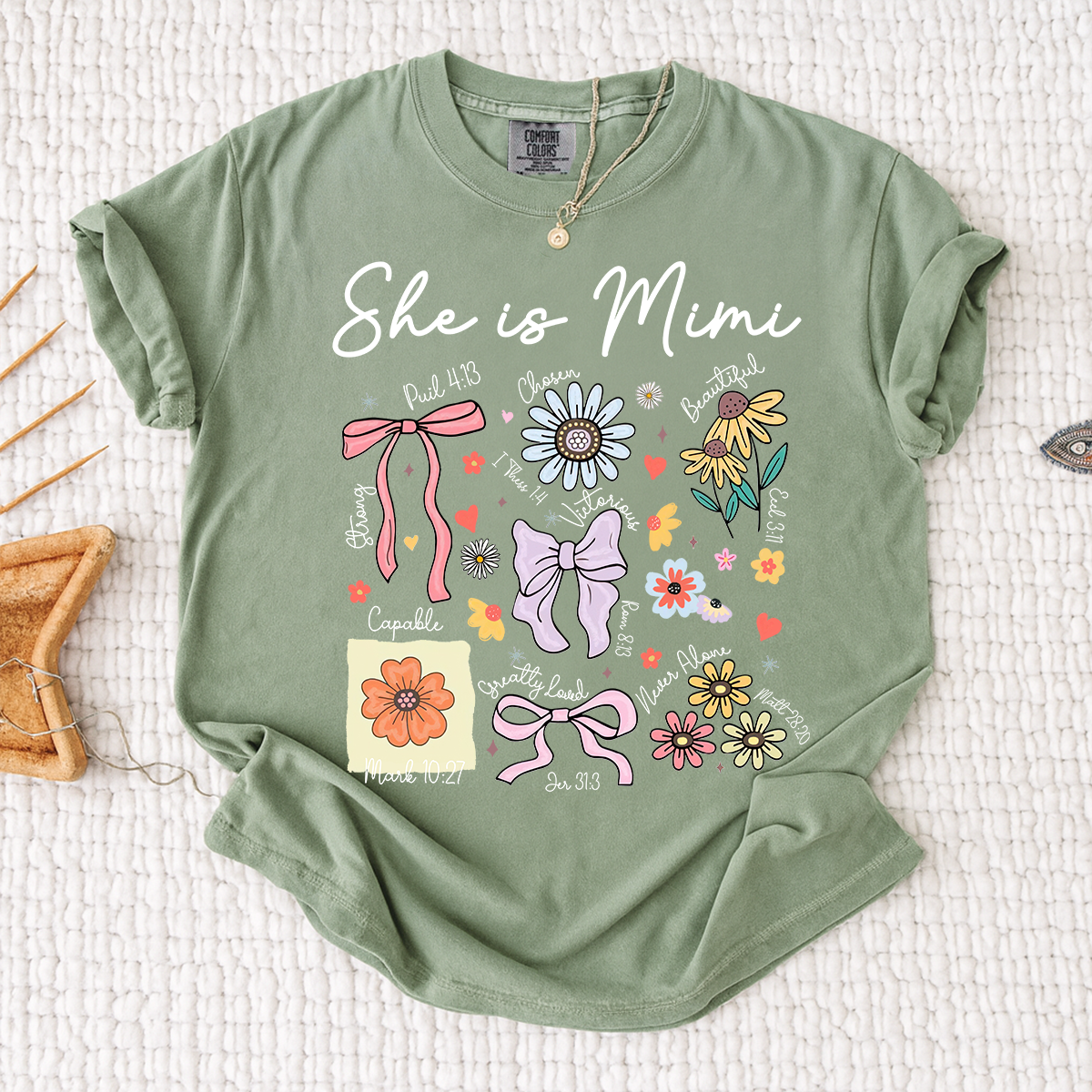 Comfort Colors Personalized Mimi Shirt She Is Mimi Quote with Floral Timeline Family Tee