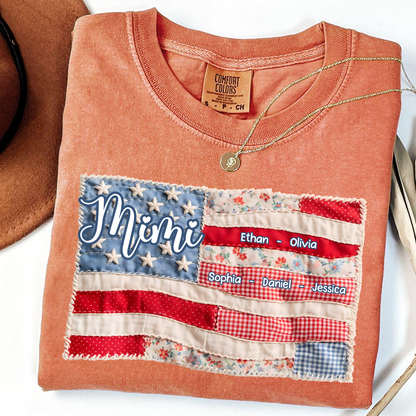 Comfort Colors Personalized Mimi Shirt with Family Names, Custom American Flag Design, Ideal Gift for Grandmother