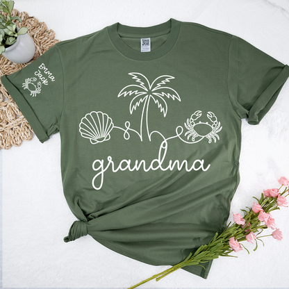 Personalized Grandma Beach Shirt, Custom Grandkids Names Sleeve Tee, Coastal Grandma T Shirt, Ocean Lover Gift for Grandma