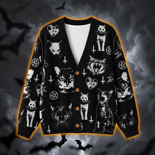Gothic Black Cat Halloween Cardigan, Spooky Cat Knitted Sweater, Witchy Grunge Oversized Cardigan, Alternative Halloween Outfit