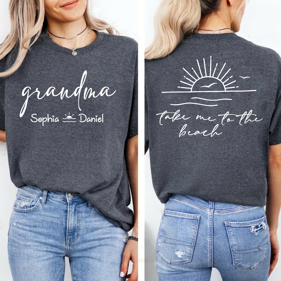 Custom Grandma Shirt with Grandchildren Names, Beach Vacation Back Graphic Tee, Personalized Family Summer Apparel for Women