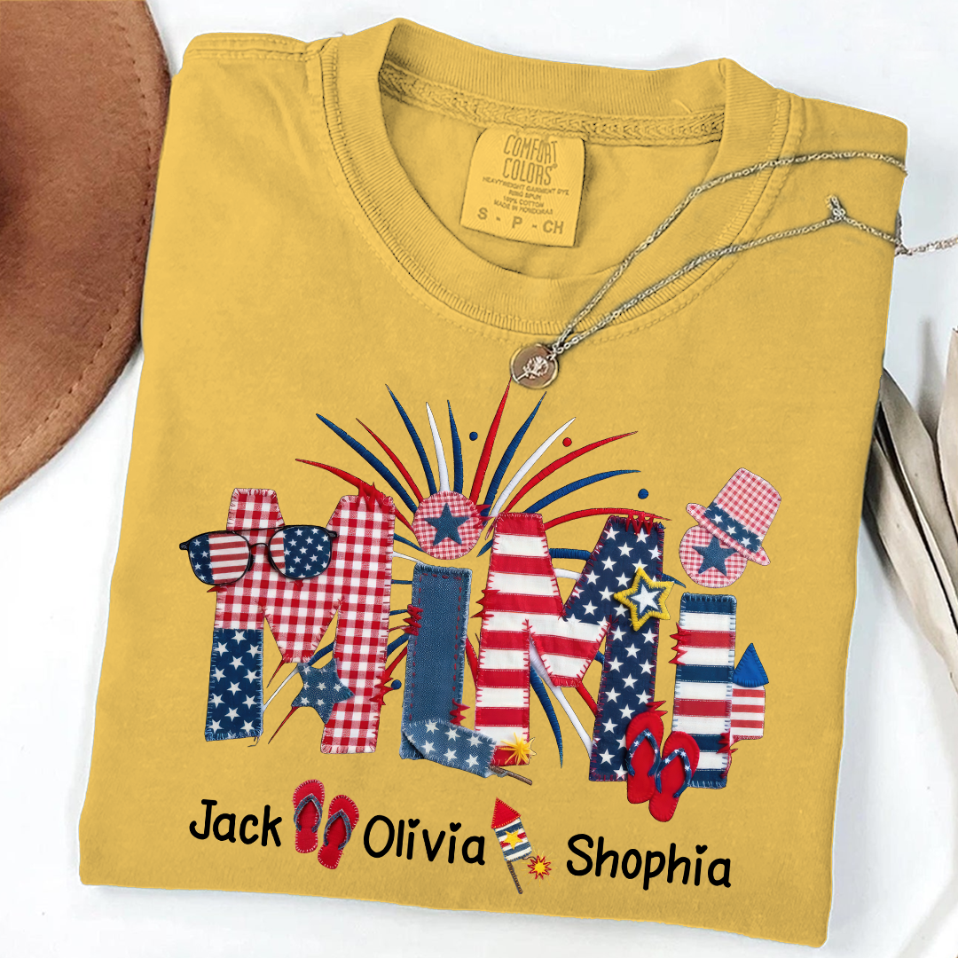 Comfort Colors Mimi Custom T Shirt with Patriotic Design & Grandkids' Names, Perfect for 4th of July