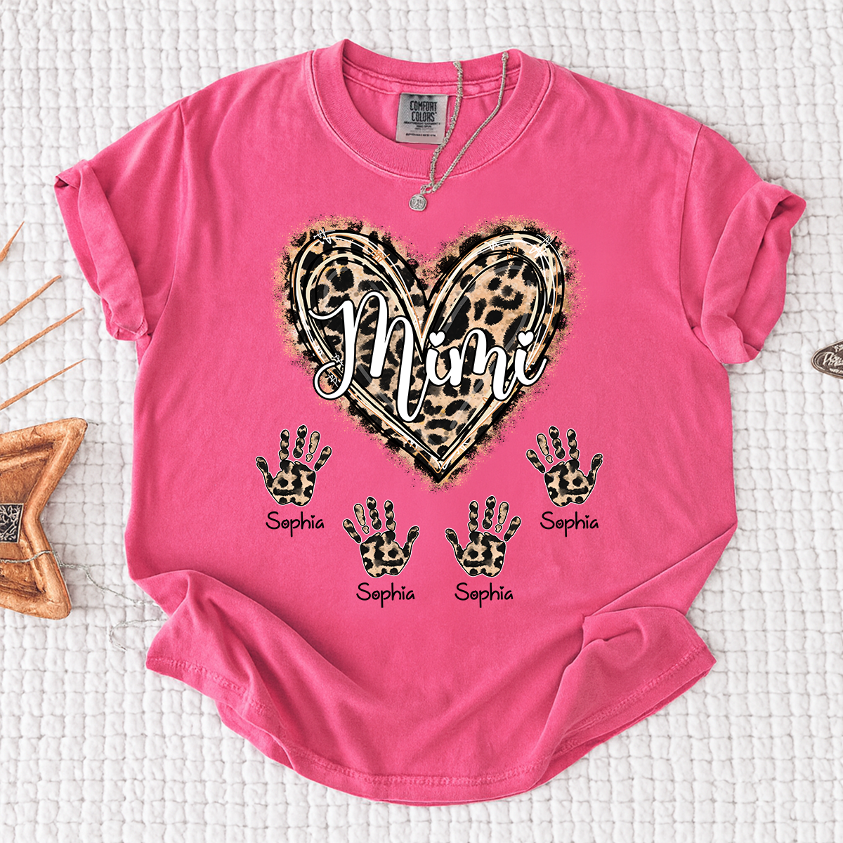 Comfort Colors Mimi Leopard Heart Shirt, Custom Handprint T Shirt with Grandkids Names, Unique Gift for Mimi, Personalized Family Shirt