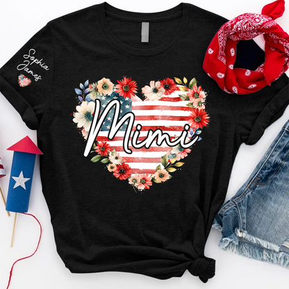 Floral Heart Mimi Shirt – Personalized Family Names with American Flag Design, Great Gift for Mimi