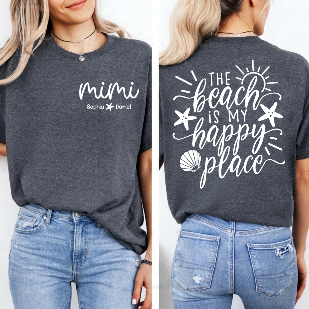 Personalized Mimi The Beach Is My Happy Place Shirt, Custom Grandkids Names T-Shirt, Beach Lover Grandma Gift, Summer Vacation Tee