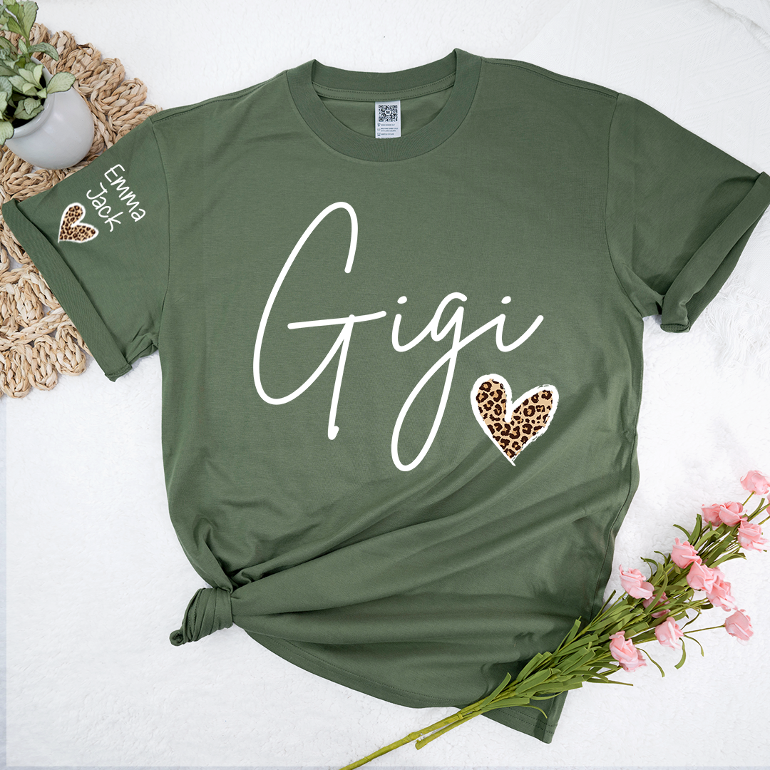 Gigi Shirt for Grandma, Personalized Custom Name Tee with Leopard Print Heart Design