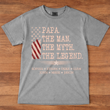 Papa The Man The Myth The Legend Shirt, Personalized Papa T-Shirt with Kids Names Patriotic American Flag Design
