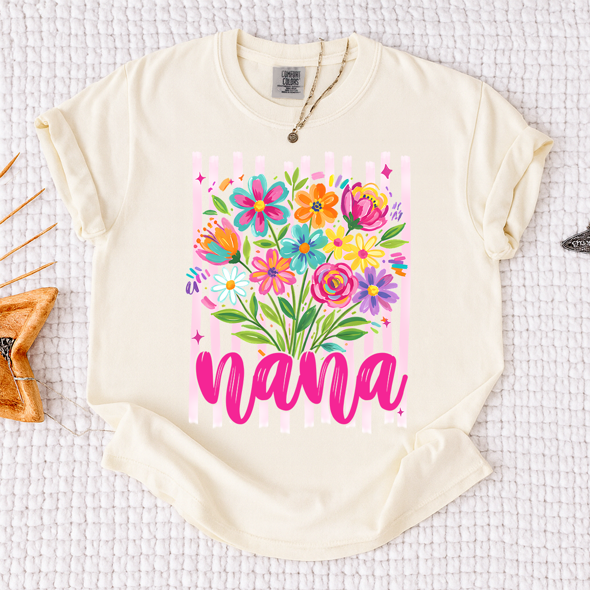 Comfort Colors® Custom Striped Wildflowers Nana Shirt, Trendy Ditsy Floral Gift for Grandma And Kids