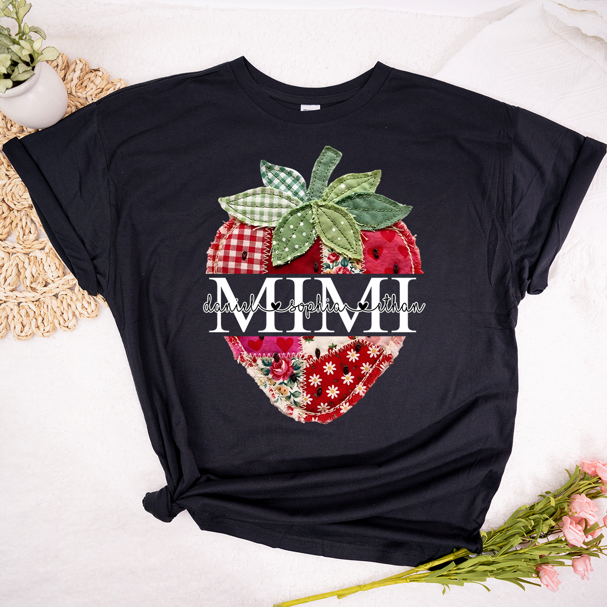 Personalized Mimi Shirt with Kids Names, Vintage Strawberry Patchwork Design Tee, Cute Grandma Gift for Summer
