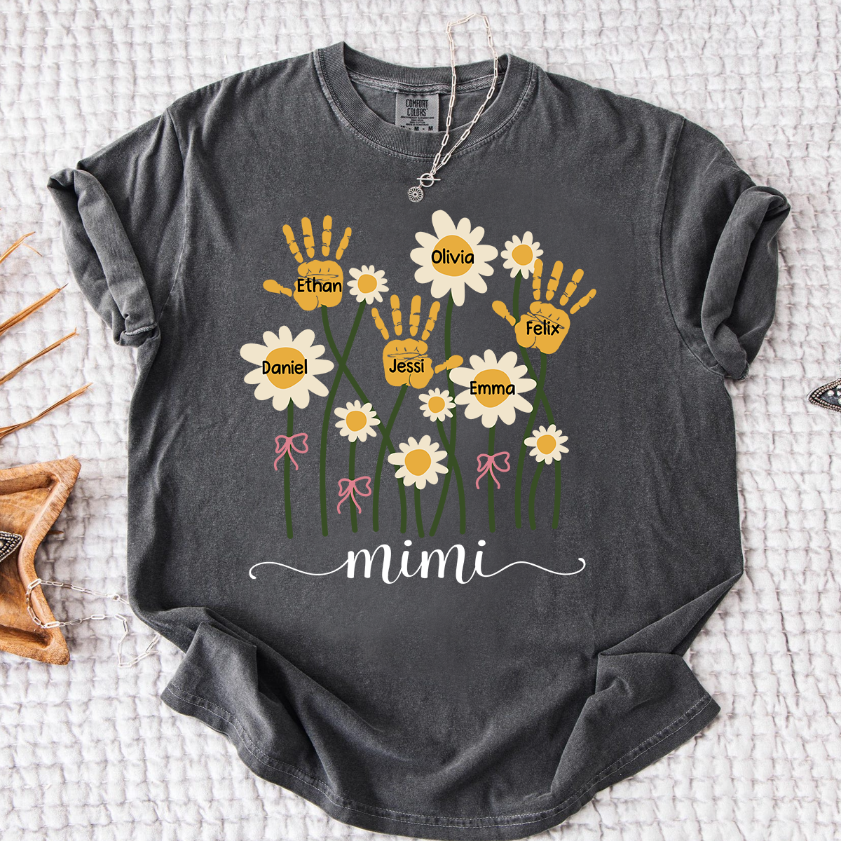 Comfort Colors Personalized Nana Shirt, Custom Handprint Daisy Flower Design, Grandkids Names Tee, Mother's Day Gift for Nana