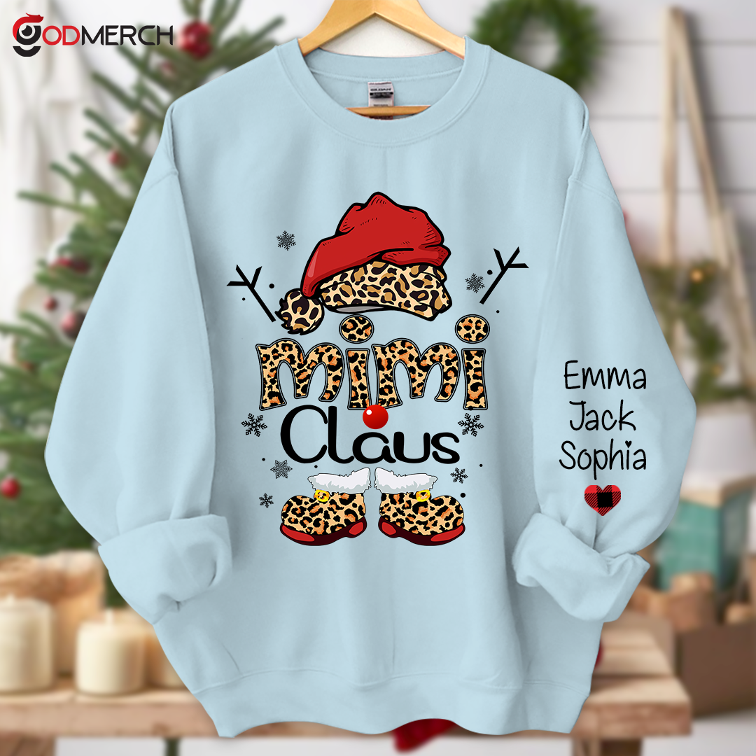 Mimi Claus Leopard Christmas, Christmas Grandma Nana Mimi Claus Shirt Custom Name