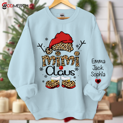 Mimi Claus Leopard Christmas, Christmas Grandma Nana Mimi Claus Shirt Custom Name