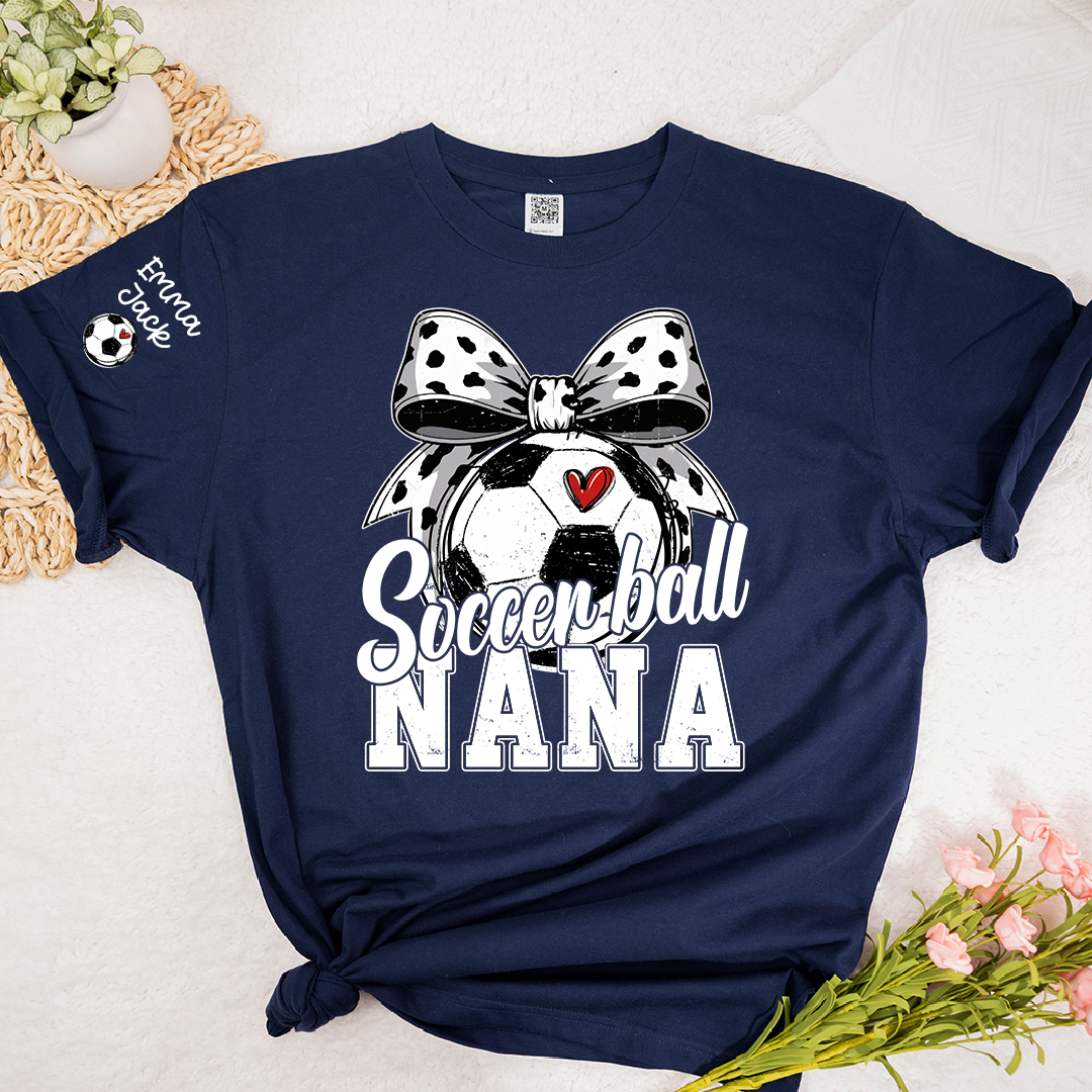 Soccer Nana Shirt Personalized with Grandkids Names, Soccer Ball Bow Family T Shirt
