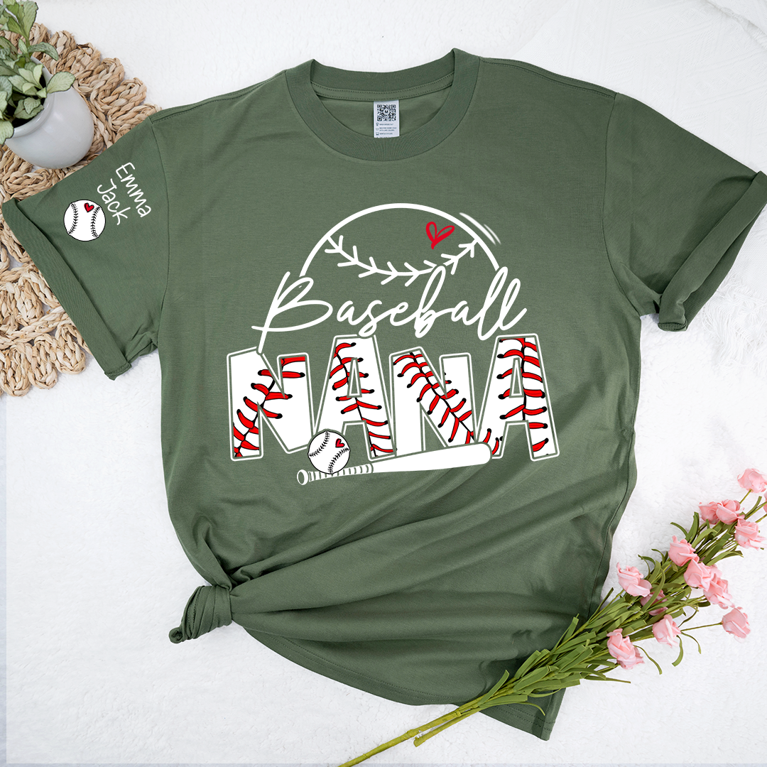 Baseball Nana Shirt Personalized with Grandkids Names, Sports Heart and Bat Family T Shirt
