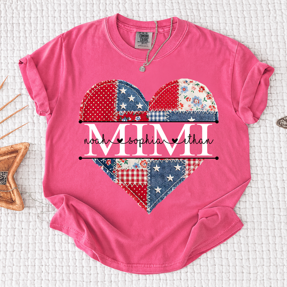 Comfort Colors Personalized Mimi Shirt with Grandkids Names, Patriotic Heart Patchwork Design
