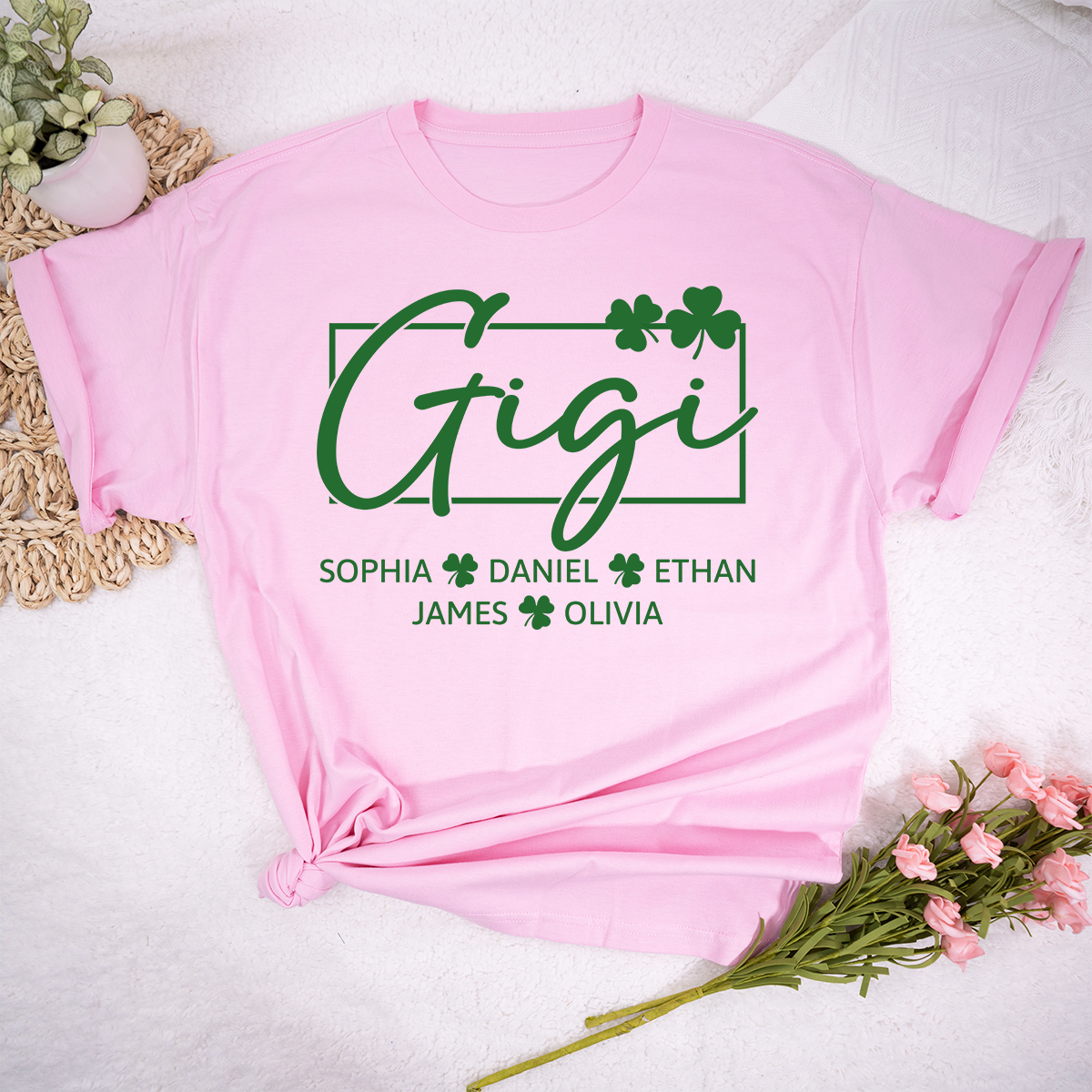 Personalized Gigi Shirt St Patricks Day Shamrock Design, Custom Grandma Shirt With Kids Names