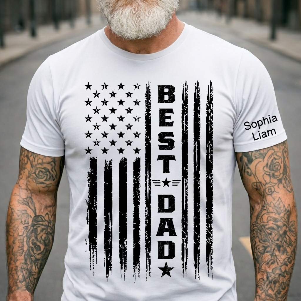 Best Dad Patriotic T-Shirt – Custom Kids Names American Flag Design Gift for Daddy Papa Fathers Day Birthday