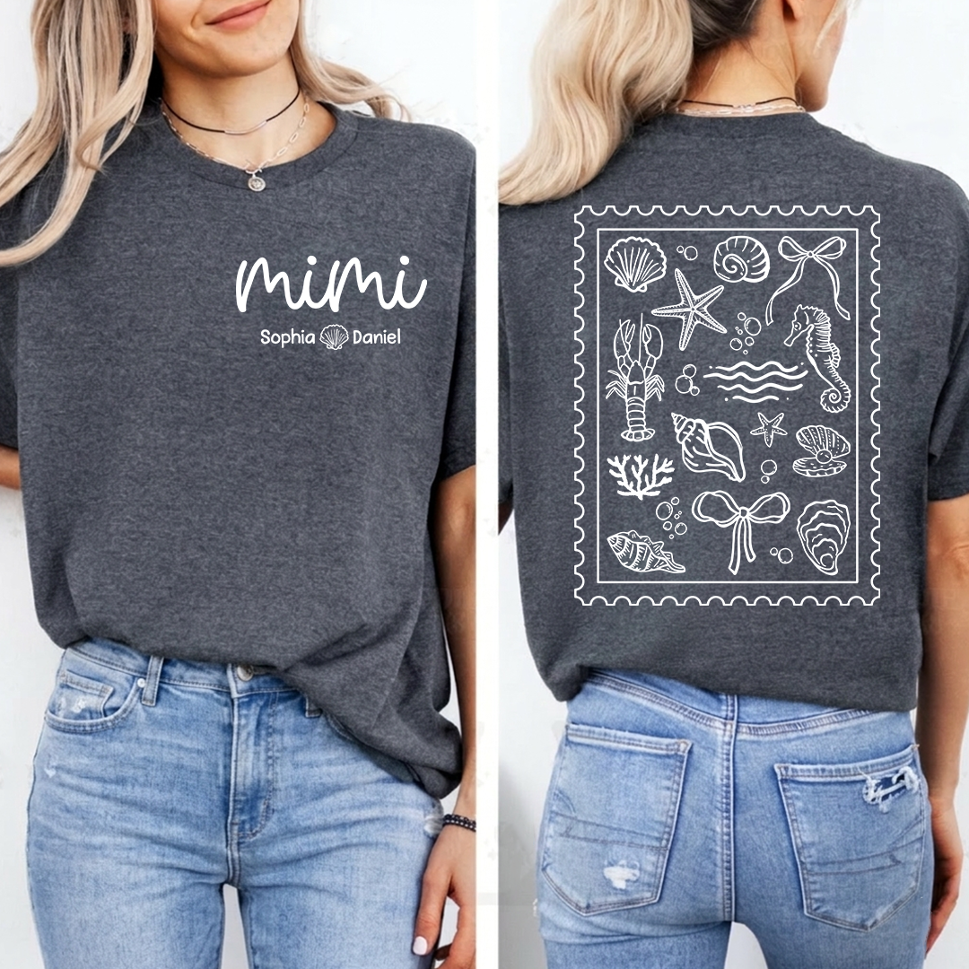 Custom Mimi Shirt with Grandchildren Names, Coastal Seashell Stamp Design Back Print Tee, Beach Lover Gift for Women