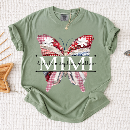 Comfort Personalized Mimi Shirt with Grandkids Names, Colorful Patchwork Butterfly Design Family Tee