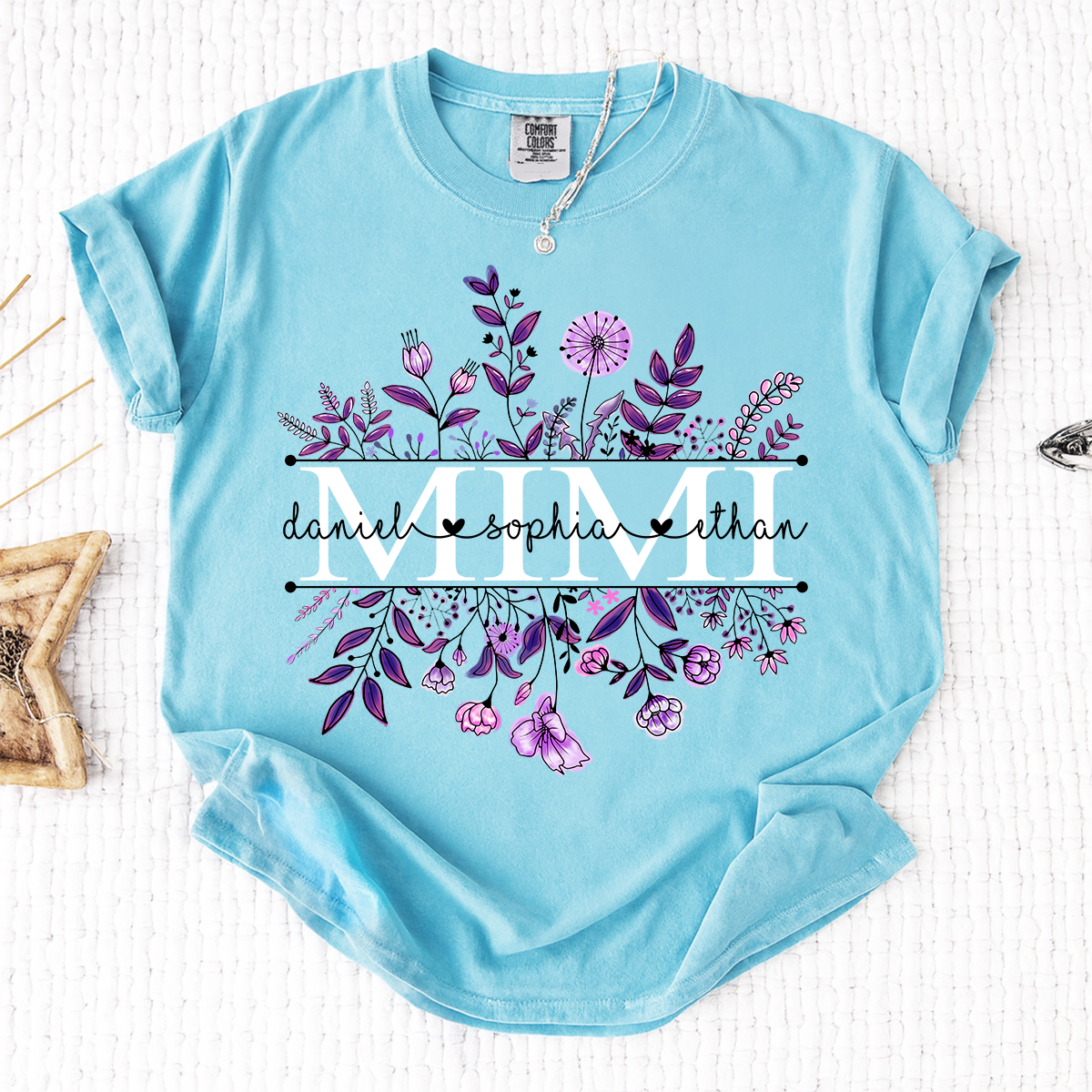 Comfort Colors Personalized MIMI T Shirt, Customizable with Family Names, Stunning Floral Design with Purple Flowers