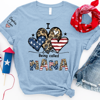 I Love Being Called Nana Shirt with Grandkids Names USA Flag and Leopard Heart Graphic Custom Family Name Tee