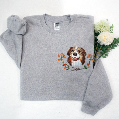 Custom Dog Portrait Embroidered Sweatshirt, Personalized Pet Face and Pet name Sweatshirt