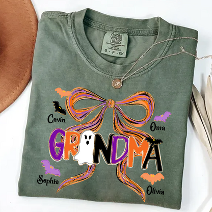 Comfort Colors® Personalized Halloween Grandma T-Shirt, Cute Ghost & Bat Design with Grandkids' Names