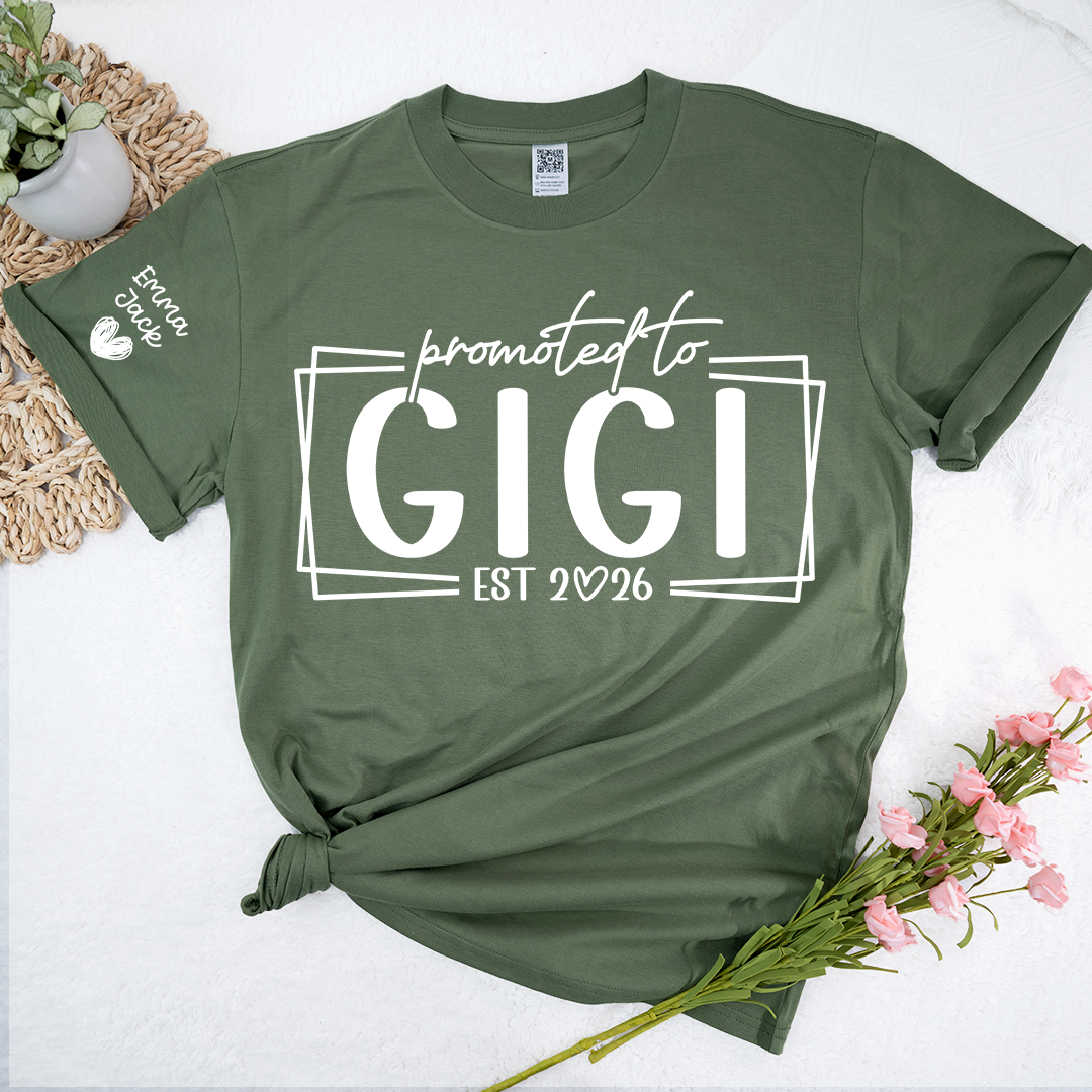 Promoted To Gigi Est 2026 Shirt, Personalized Grandkids Names Sleeve Tee, New Gigi Gift, First Time Grandma Announcement Shirt