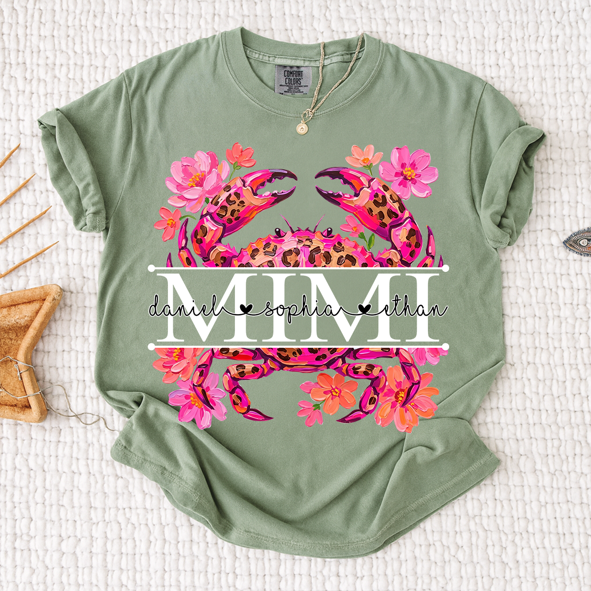 Comfort Colors® Personalized Mimi Crab Shirt with Grandkids Names, Custom Grandma Tee, Floral Leopard Beach Design T Shirt for Mimi Gift