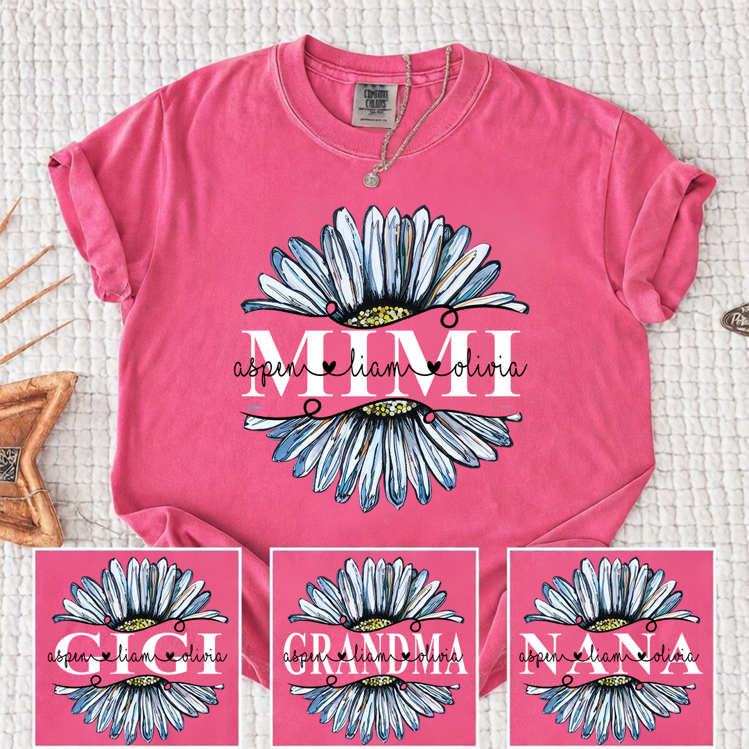Comfort Colors Personalized Daisy T-shirt for Mimi, Grandma, and Nana | Custom Name Design with Floral Graphic | Spring Family Shirt