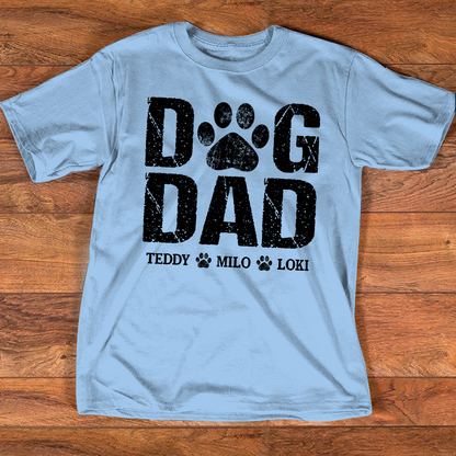 Custom Dog Dad T Shirt, Paw Print Design, Personalized with Dog Names, Perfect Gift for Dog Lovers