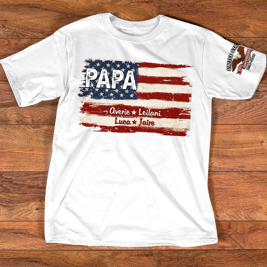 Custom Papa American Flag Shirt with Kids Names, Personalized Patriotic Papa T Shirt Family Gift