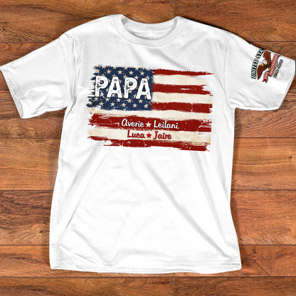 Custom Papa American Flag Shirt with Kids Names, Personalized Patriotic Papa T Shirt Family Gift