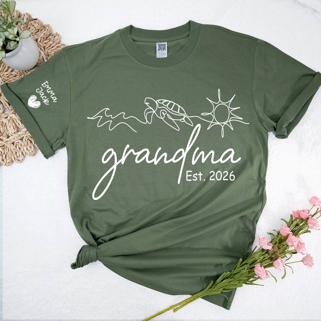 Personalized Grandma Nature Shirt, Sea Turtle Botanical Graphic Tee, Custom Sleeve Names T Shirt, Ocean Lover Gift for Grandma