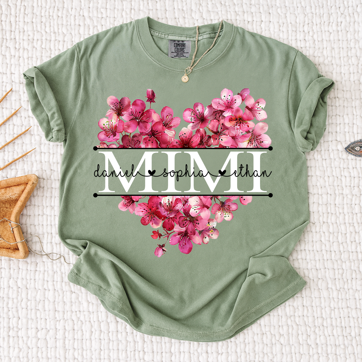 Comfort Personalized Mimi Shirt with Grandkids Names, Pink Floral Heart Family T Shirt