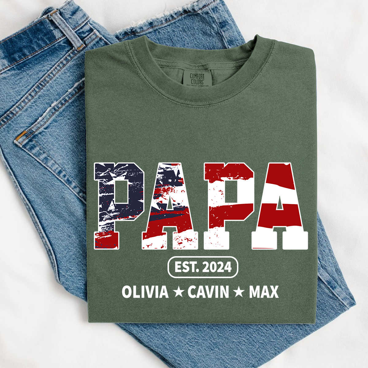 Comfort Colors® Papa Est Independence Day Shirt, Custom Nickname And Grandkids 4th Of July Shirt