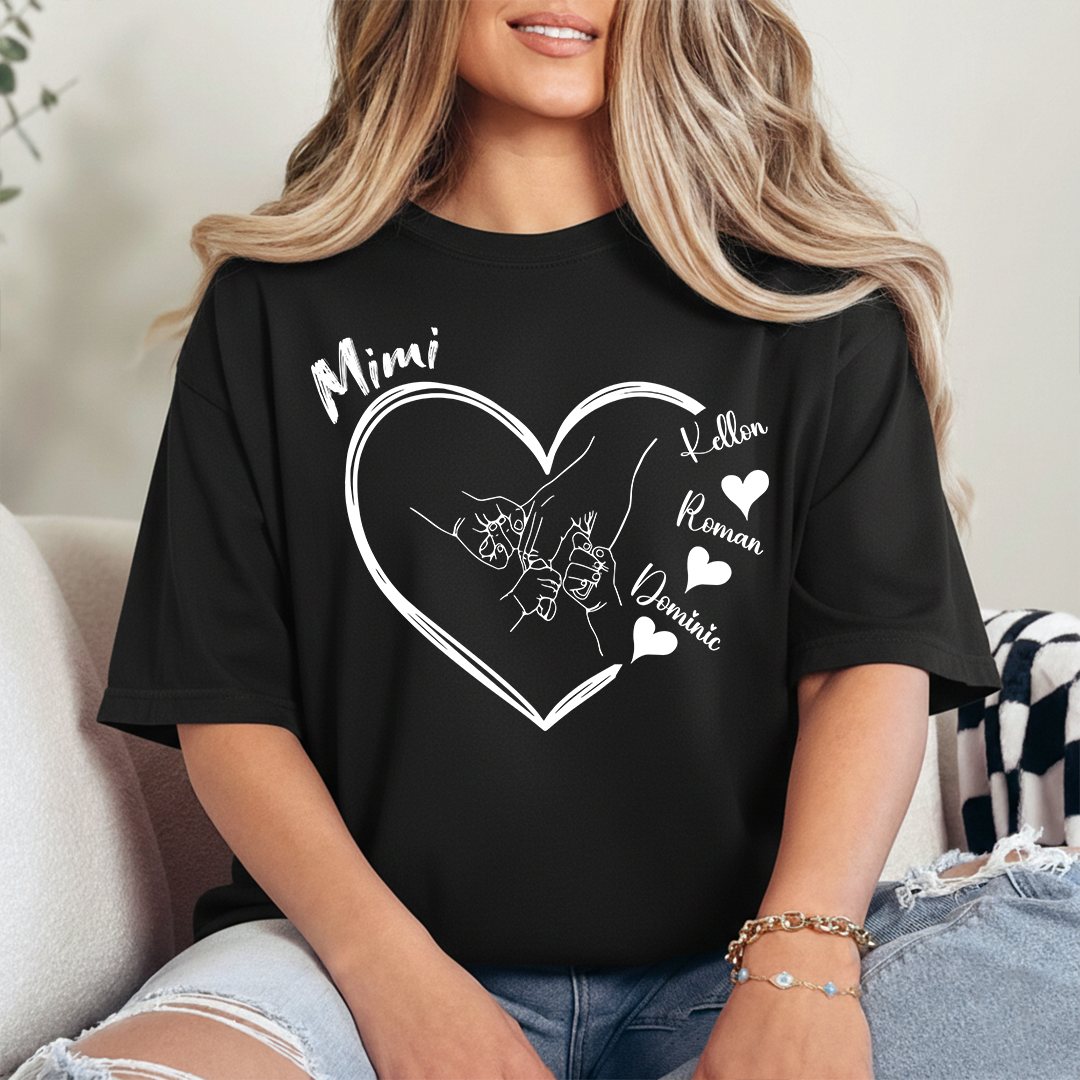 Personalized Mimi Shirt with Grandkids Names, Hands Holding Heart Graphic Family Tee