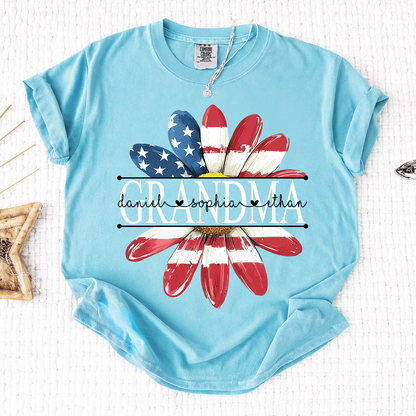 Comfort Colors Personalized Grandma Monogram Shirt, Custom Family Names Patriotic Flower T-Shirt
