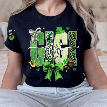 Gigi St Patrick’s Day Shirt, Green Shamrock Bow Family T Shirt, For Gift Gigi And Kids