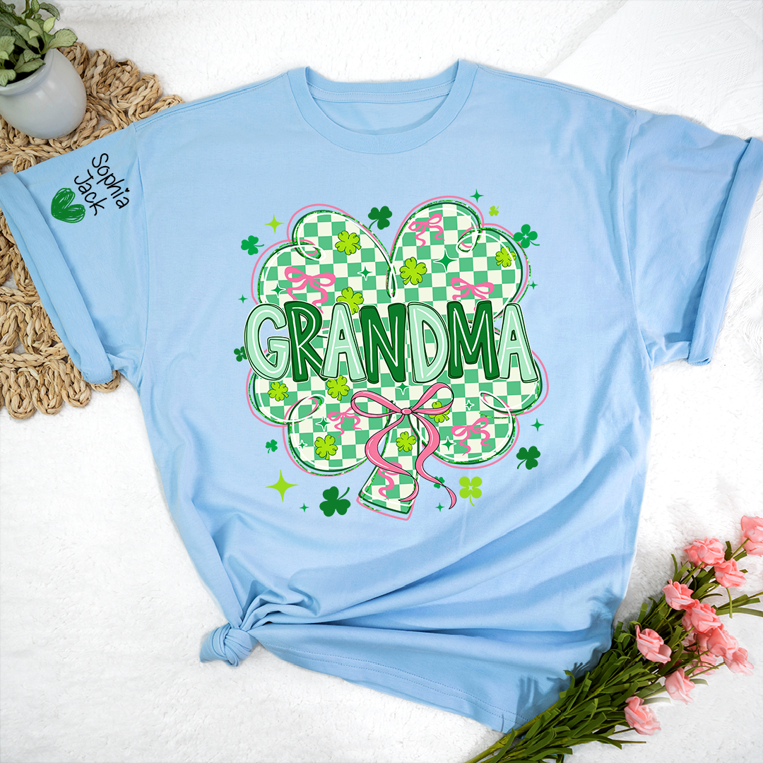 Heart Mimi T-Shirt For St Patrick’s Day, Personalized Grandma Shamrock Clover T Shirt With Kids Names