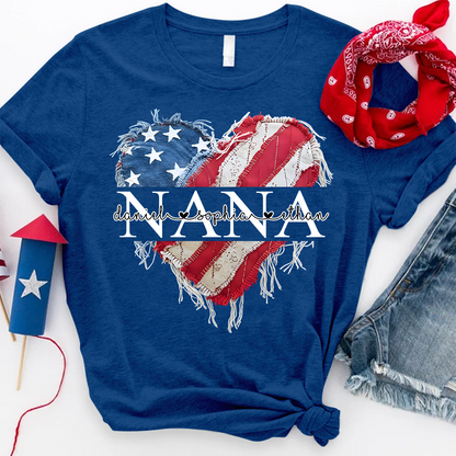 Personalized Nana T Shirt, Custom American Flag Heart Design with Family Names, Patriotic Gift for Nana