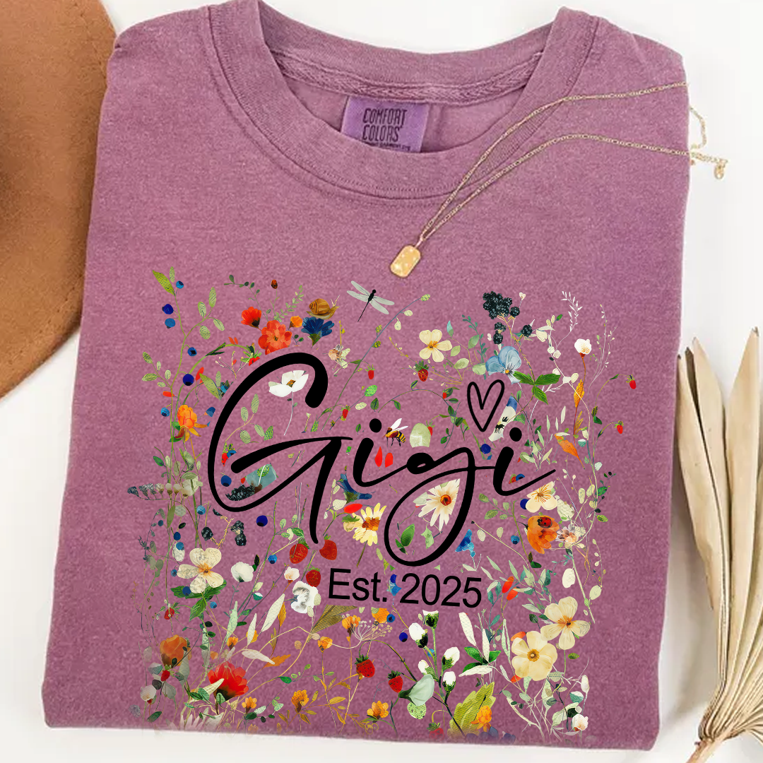 Comfort Colors® Gigi Est Wildflower T-Shirt, Custom Grandma With Grandkids Shirt