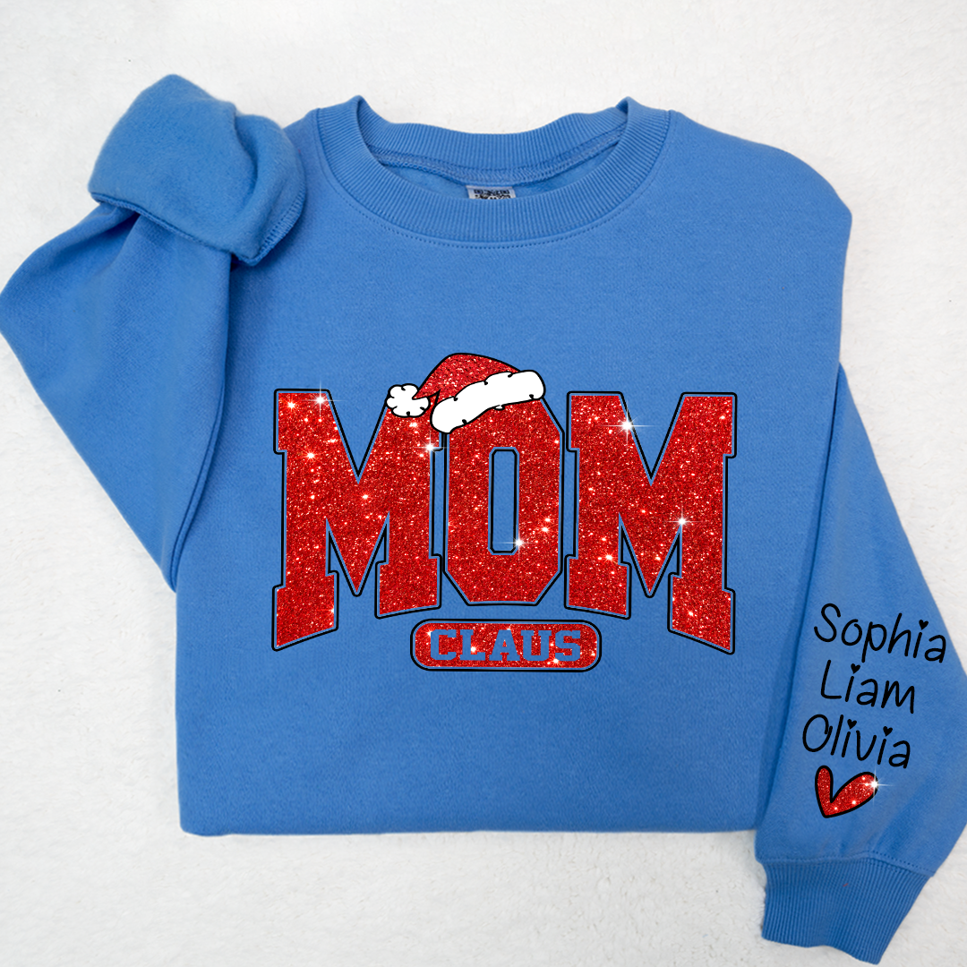 Glitter Merry Christmas Mom Sweatshirt With Kid Names On Sleeve, Mothers Day Gift LTP01