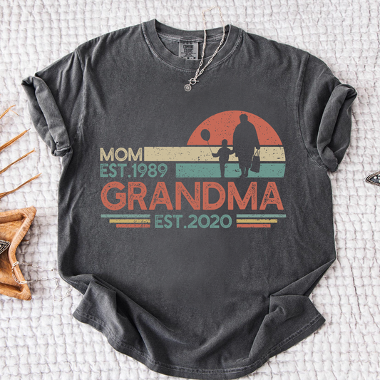 Comfort Colors® Mom Grandma Est. Shirt, Vintage Sunset Family T-Shirt, Custom Mom and Grandma Tee, Personalized Gift for Mother's Day