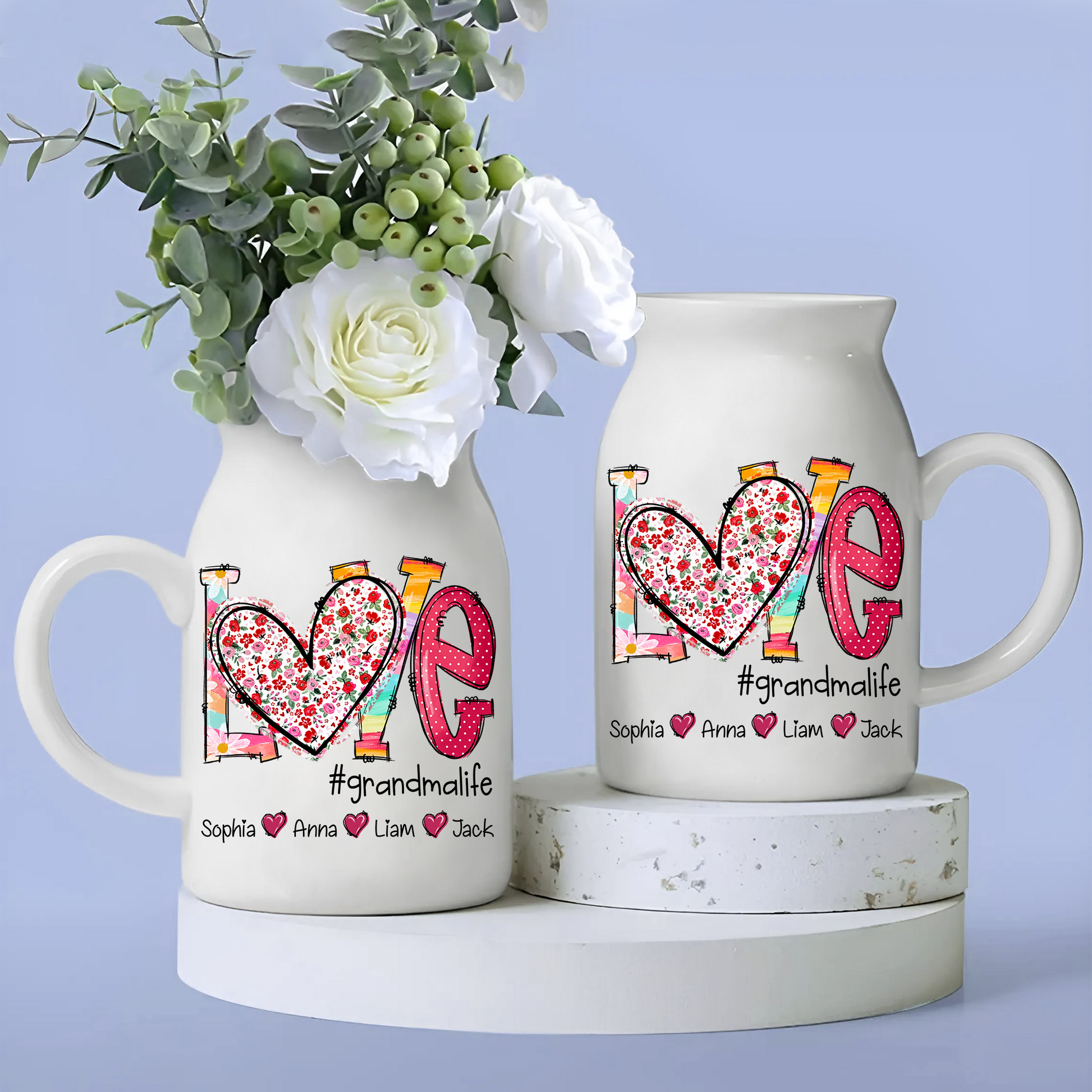 Heart Custom Name Grandma And Kids - Custom Home Decoration Flower Vase According To Family Requirements - Warm Gift For Mother's Day, Ceramic Flower Vase
