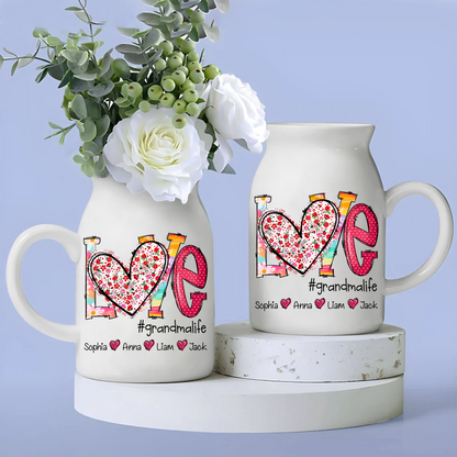 Heart Custom Name Grandma And Kids - Custom Home Decoration Flower Vase According To Family Requirements - Warm Gift For Mother's Day, Ceramic Flower Vase