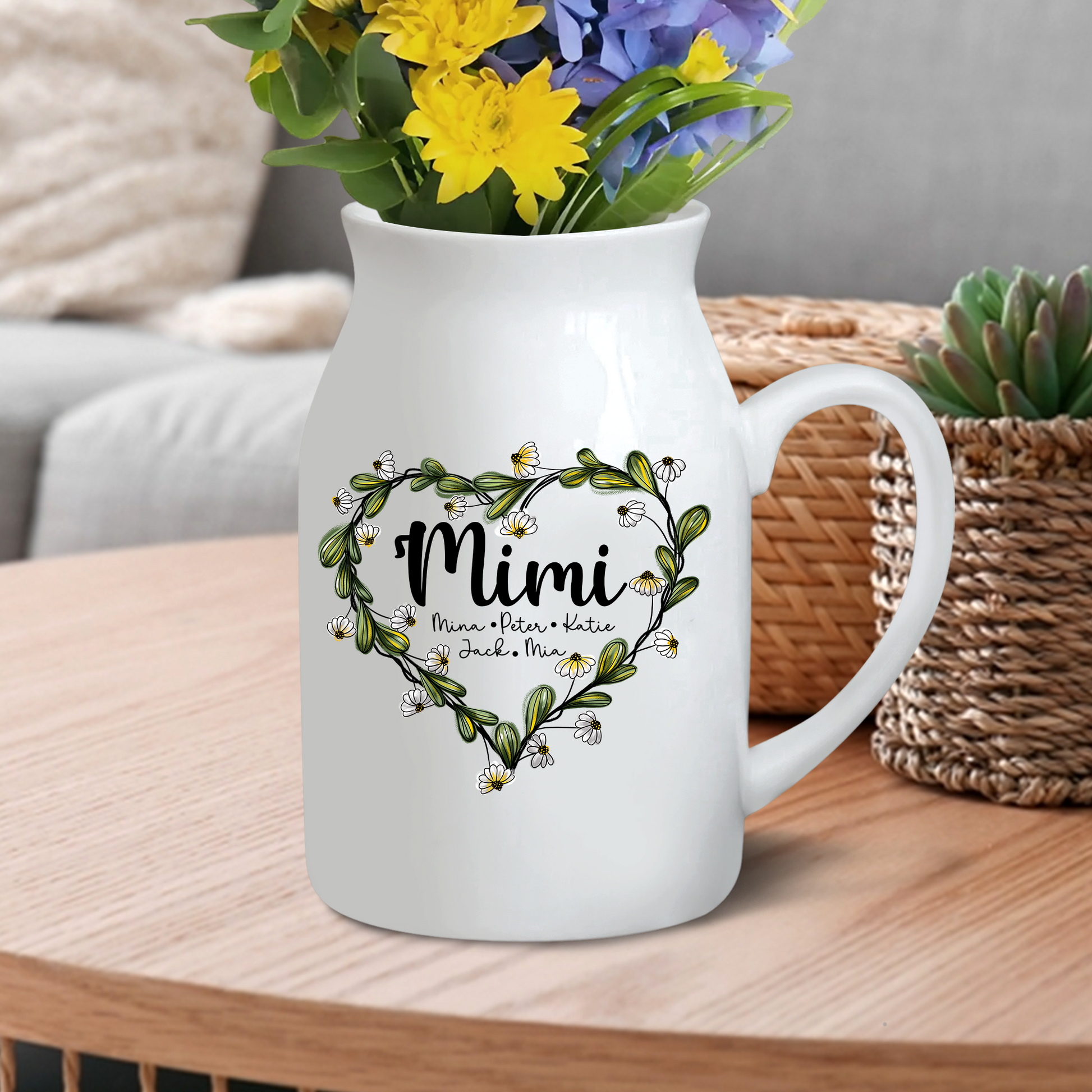 Heart Daisy Mimi Wildflowers And Children - Custom Home Decoration Flower Vase According To Family Requirements - Warm Gift For Mother's Day, Ceramic Flower Vase