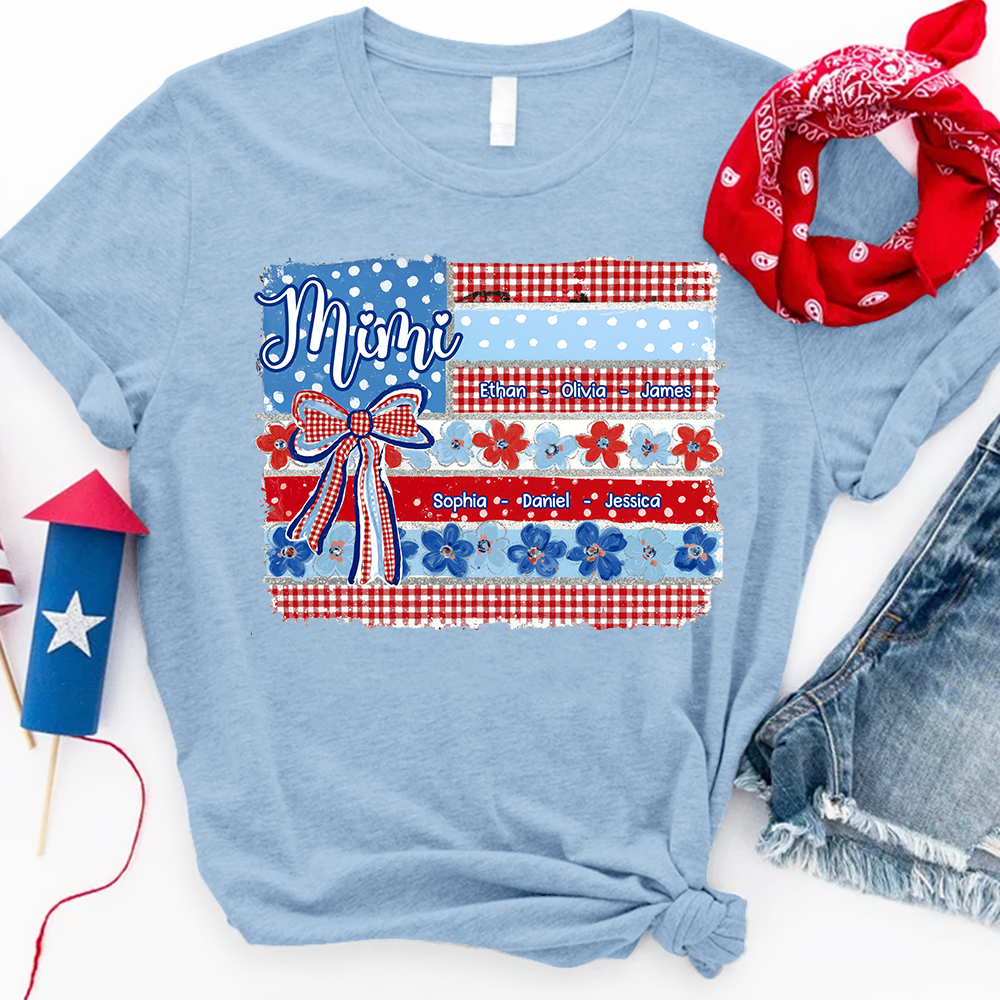 Patriotic Mimi Shirt with Grandkids Names Custom Family Shirt Featuring American Flag and Floral Bow Design