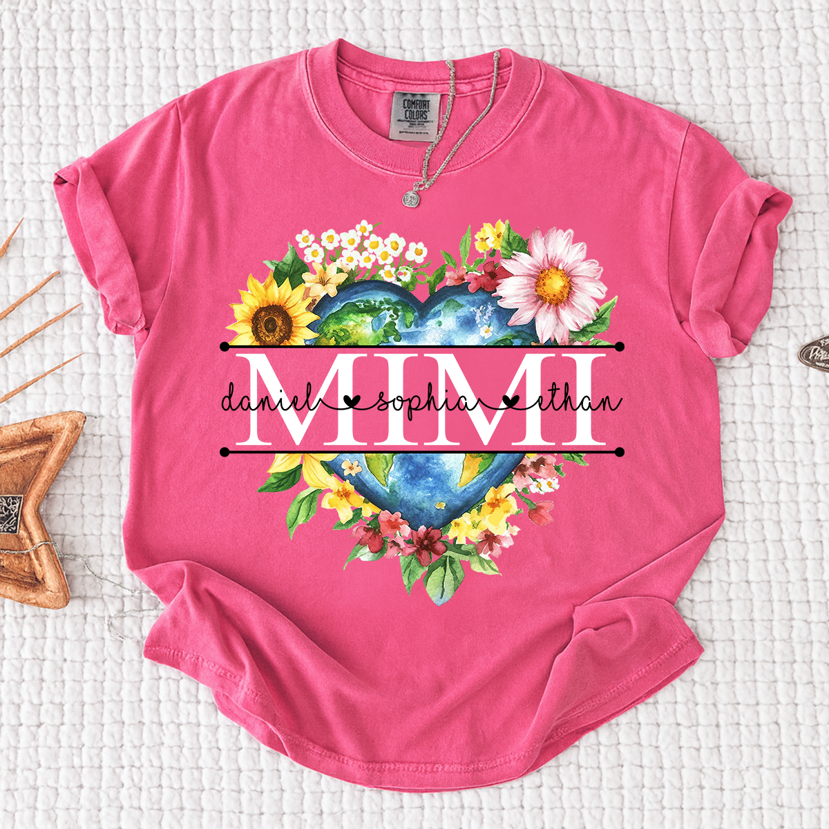 Comfort Colors Custom Mimi Heart Shaped Earth Shirt, Floral Heart Graphic with Grandkids Names, Family Love Tee