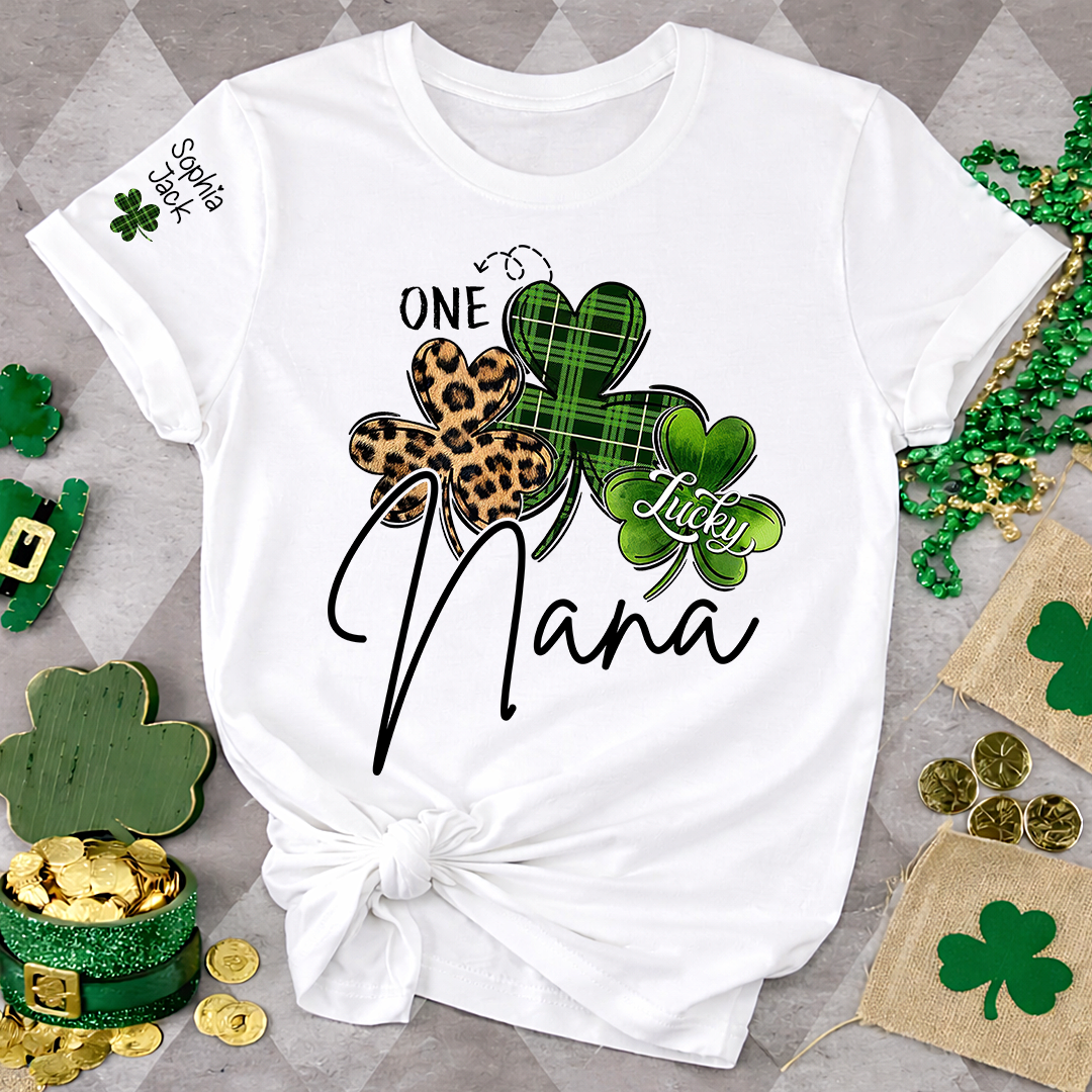 One Lucky Nana T-shirt For St. Patrick's Day, Personalized T-shirt For Grandma With Children's Names